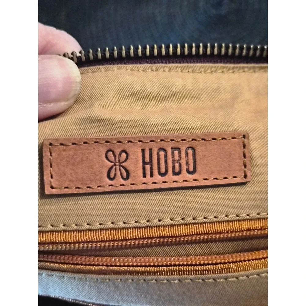 HOBO Brown Leather Net Canvas Shoulder Bag Knotted Tassel Crescent Hobo